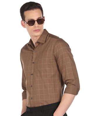 men brown regular fit windowpane check formal shirt