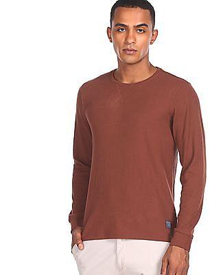 men brown round neck textured t-shirt