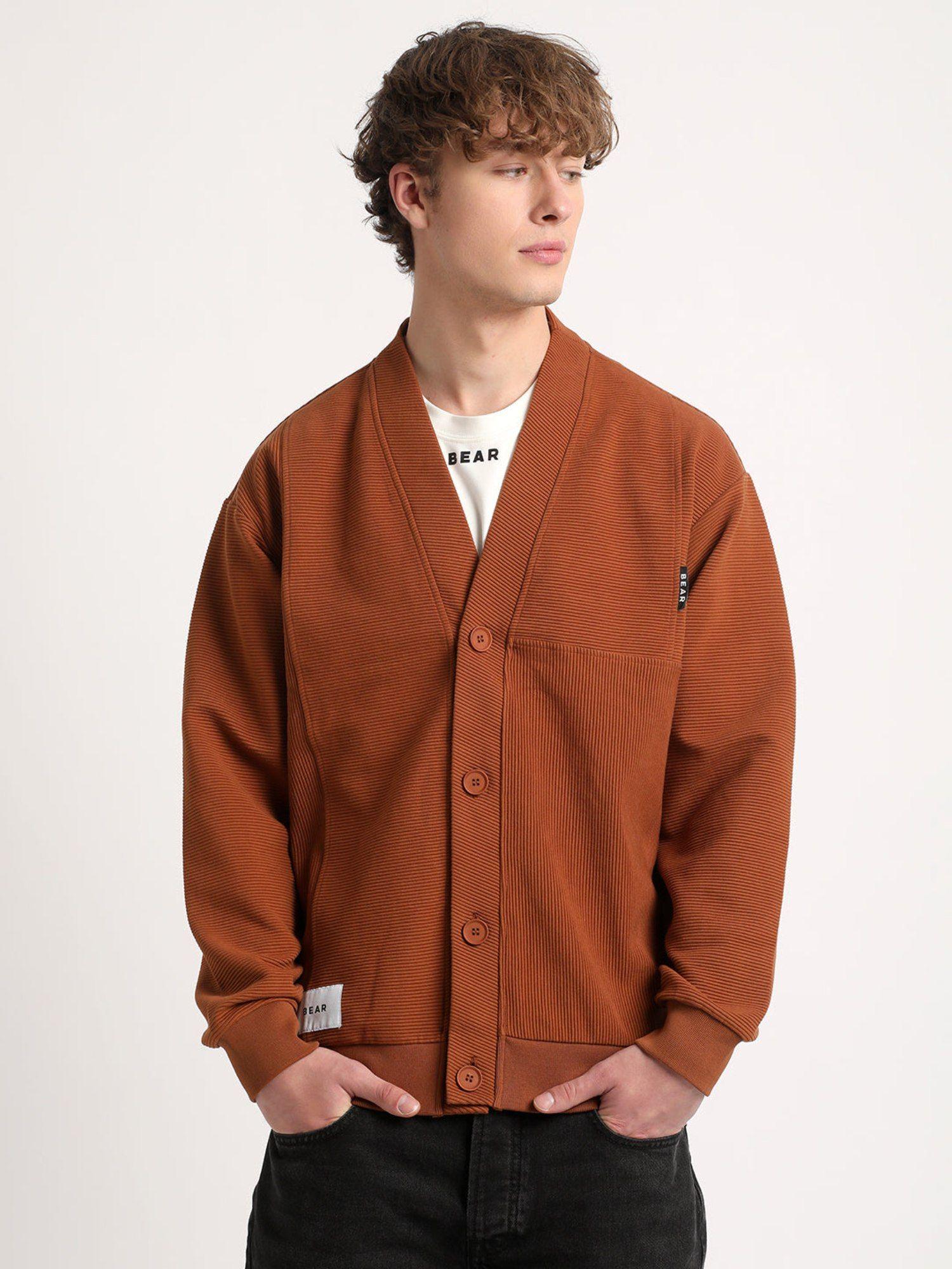 men brown self-design cotton cardigan
