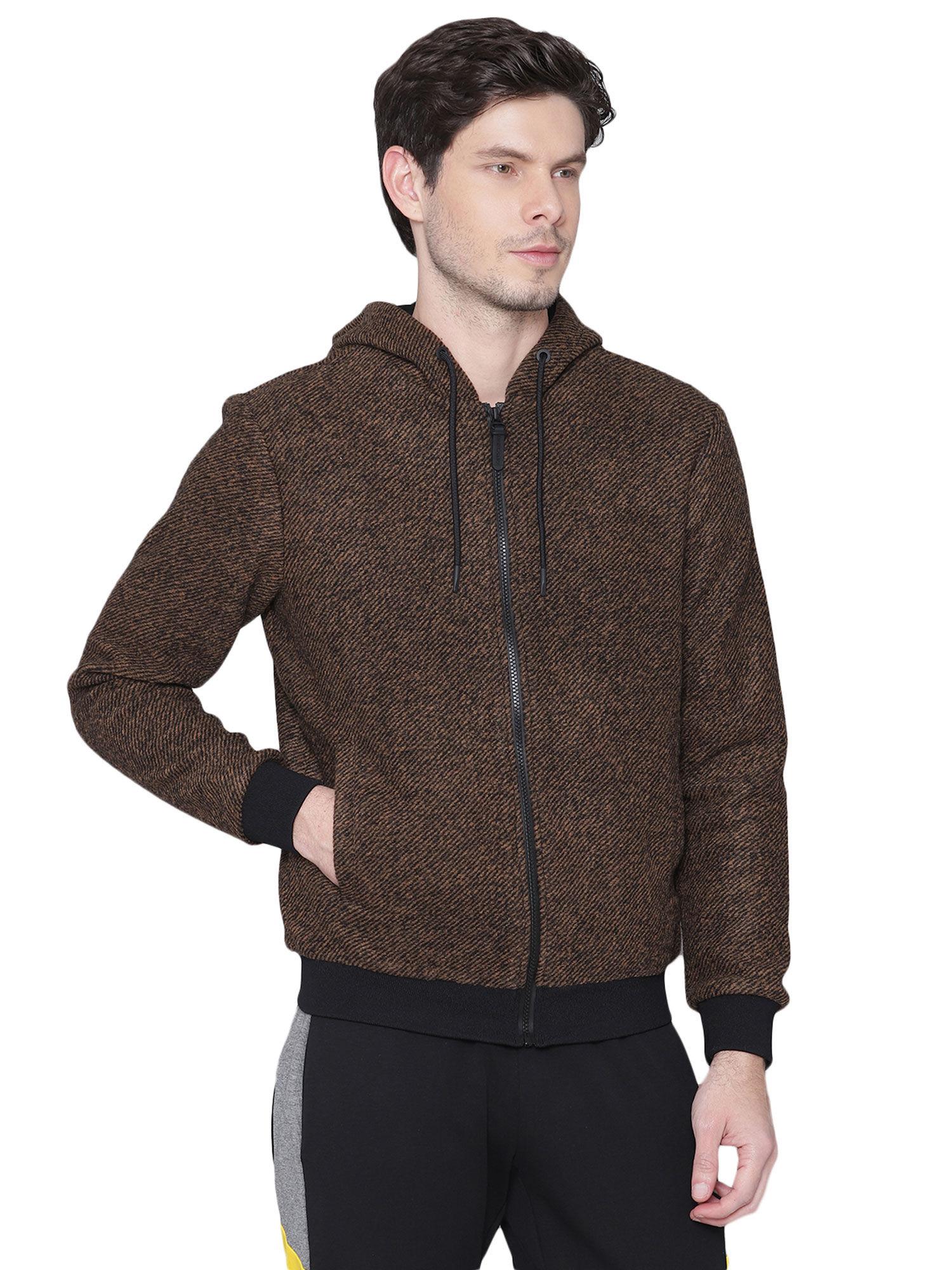 men brown self design slim fit jacket