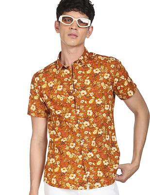 men brown short sleeve floral print casual shirt