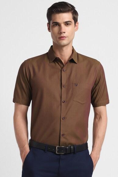 men brown slim fit print half sleeves formal shirts