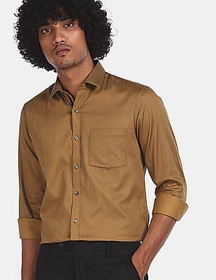 men brown slim fit printed formal shirt