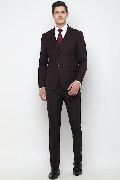 men brown slim fit solid formal three piece suit