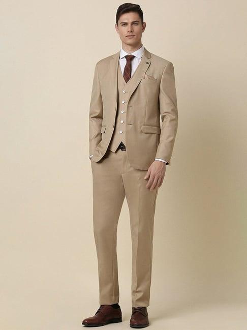 men brown slim fit solid formal three piece suit