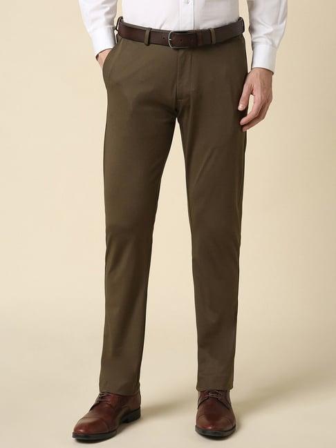 men brown slim fit solid formal trousers