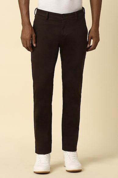 men brown slim fit textured casual trousers