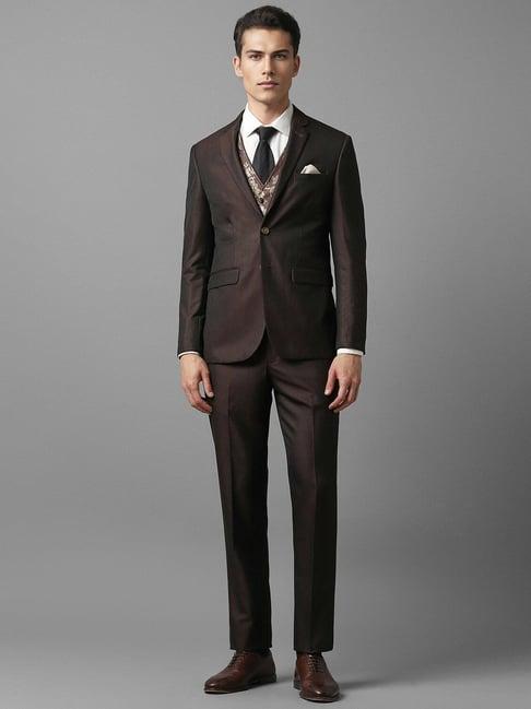 men brown slim fit textured formal two piece suit