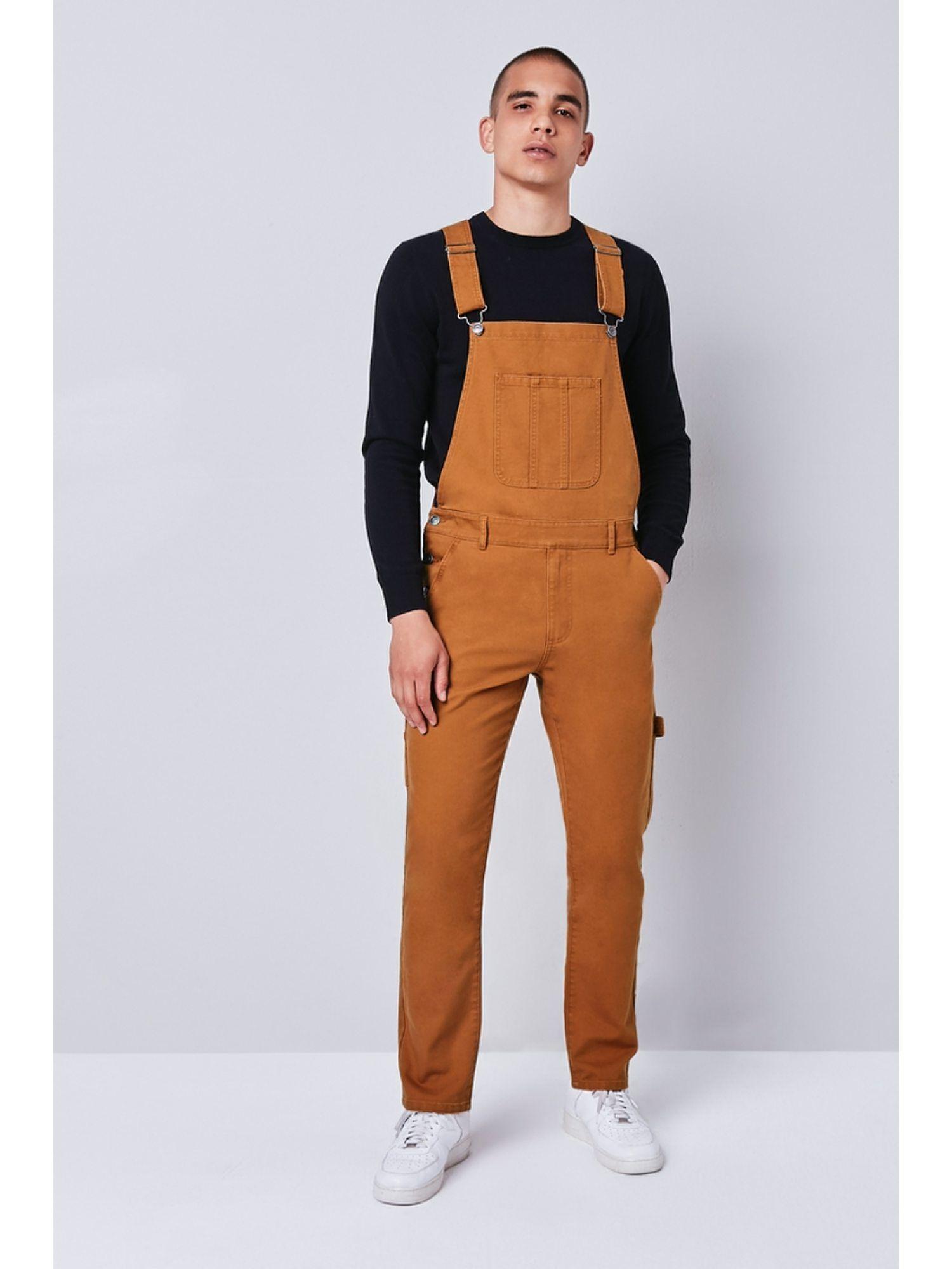 men brown slim fit utility overalls