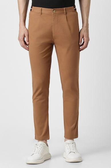 men brown solid carrot fit casual trousers