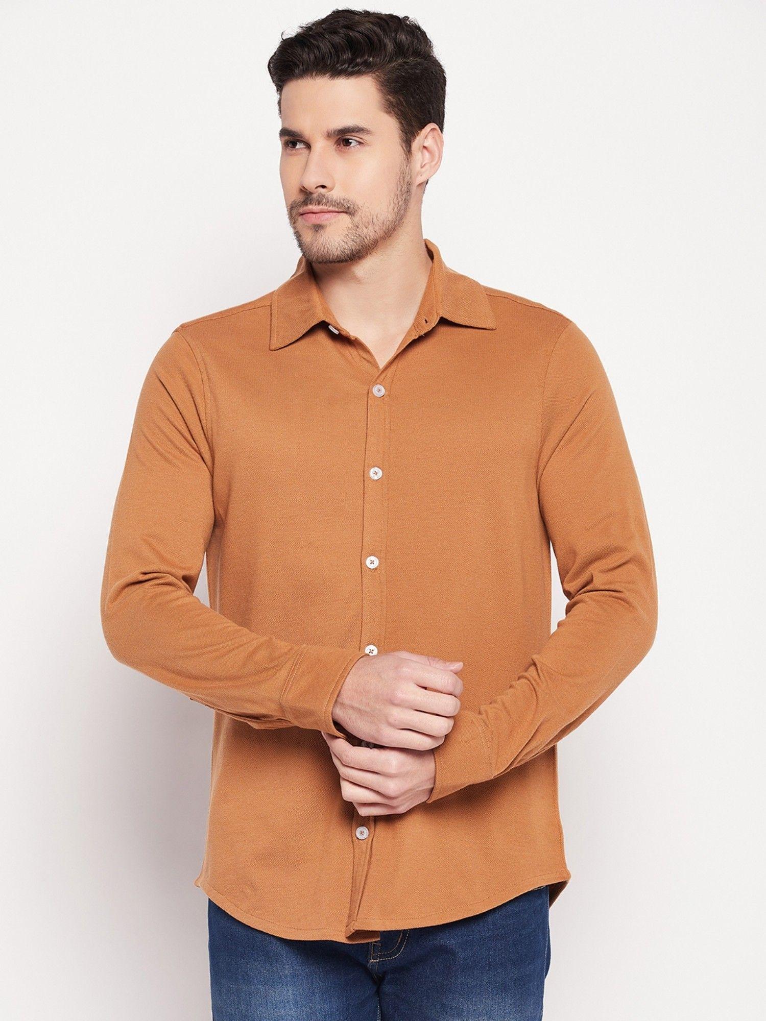 men brown solid collar shirt