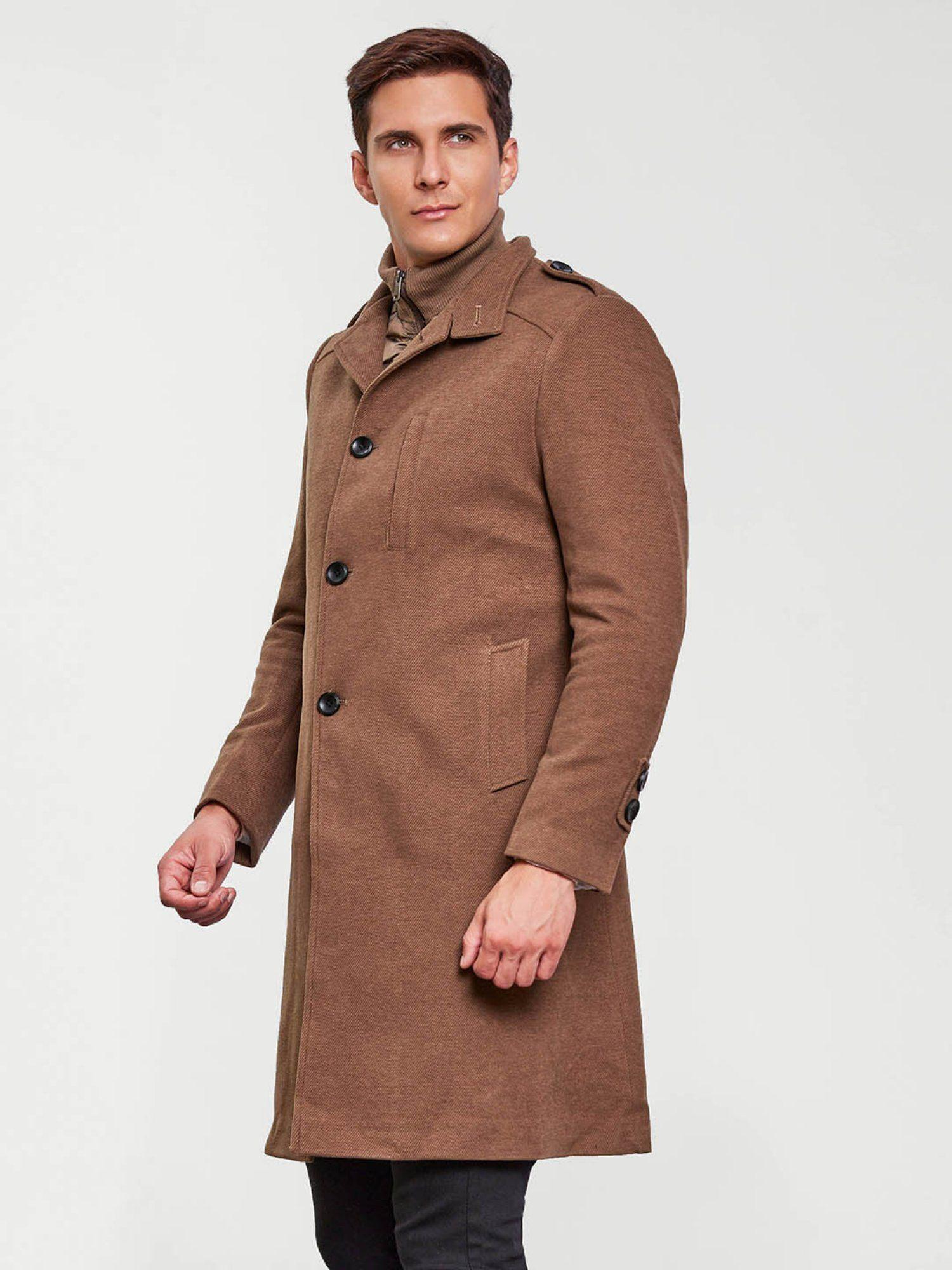 men brown solid collar winter overcoat