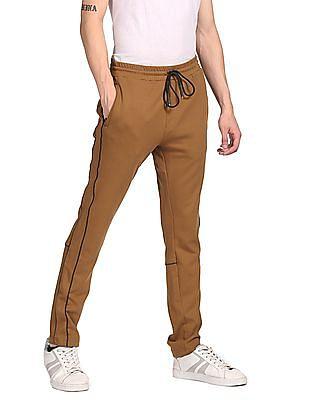 men brown solid drawstring waist pants