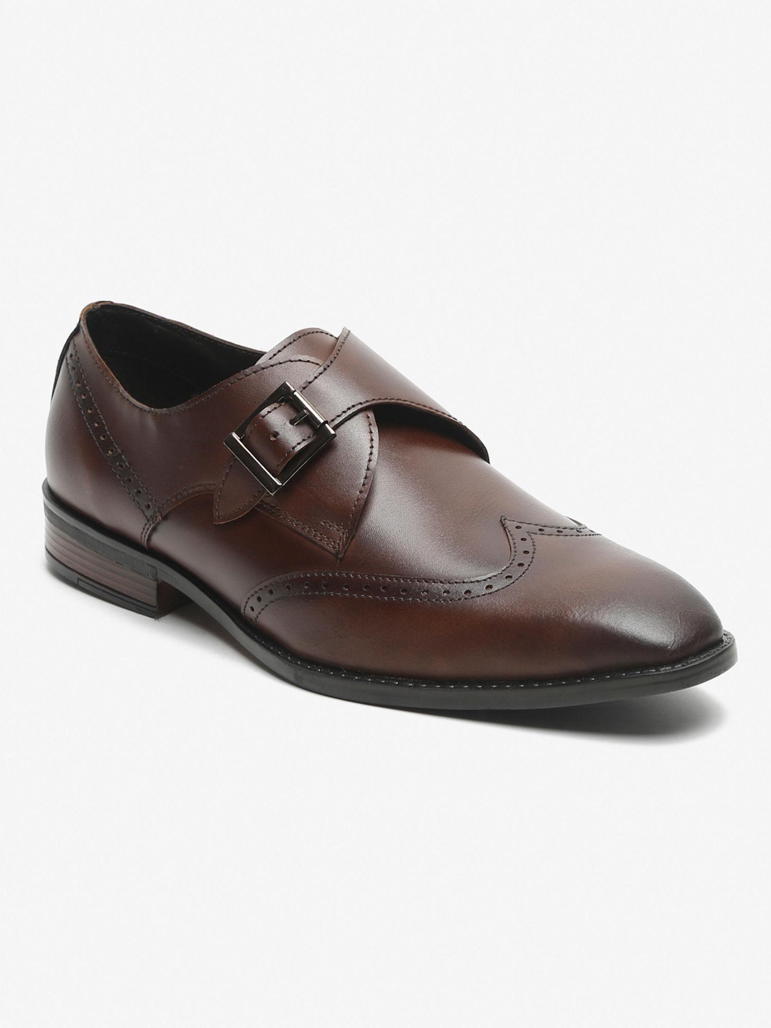 men brown solid genuine leather formal monks