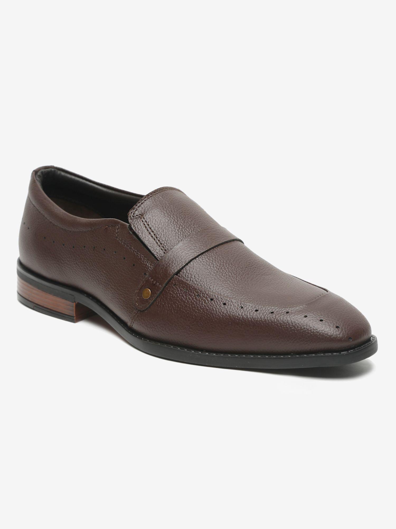 men brown solid leather formal slip-ons