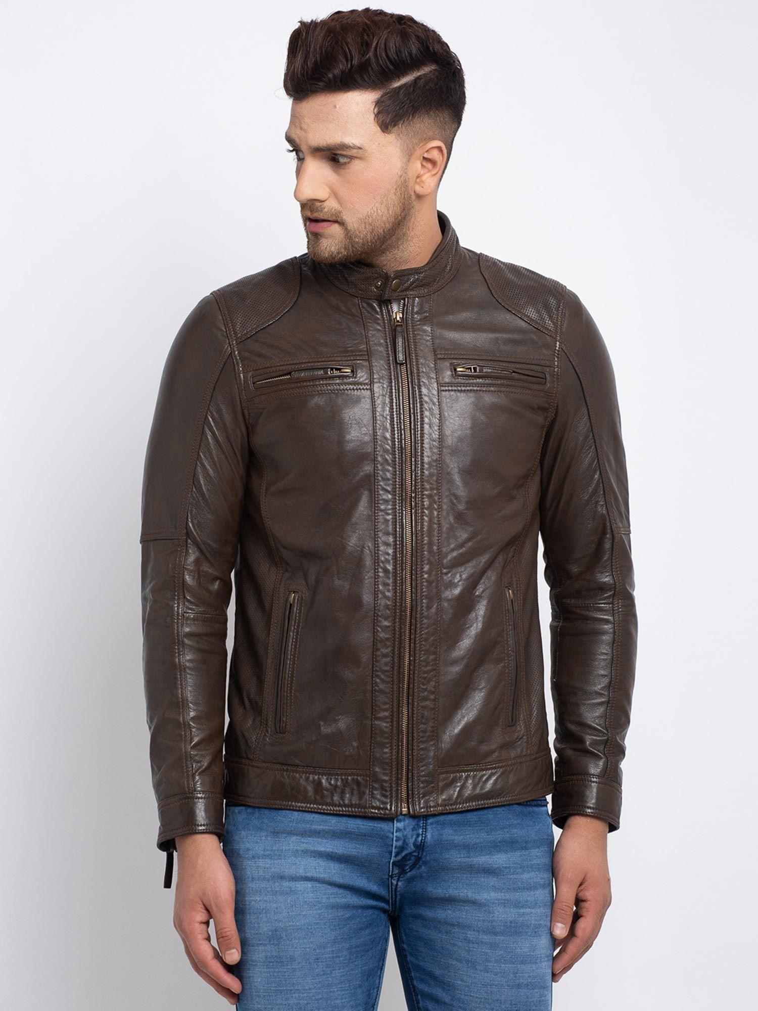 men brown solid lightweight genuine leather jacket