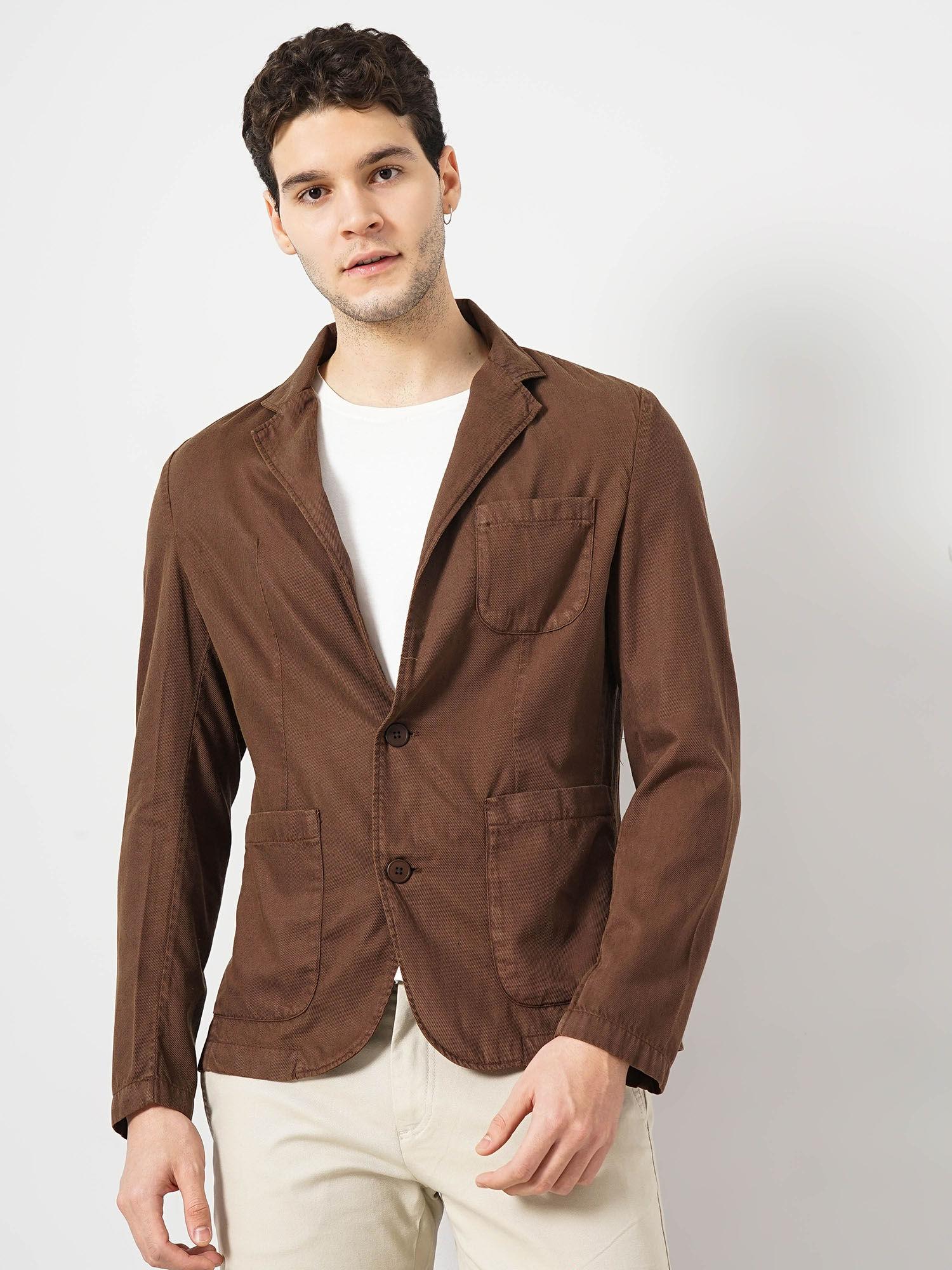 men brown solid lyocell cotton twill casual jacket