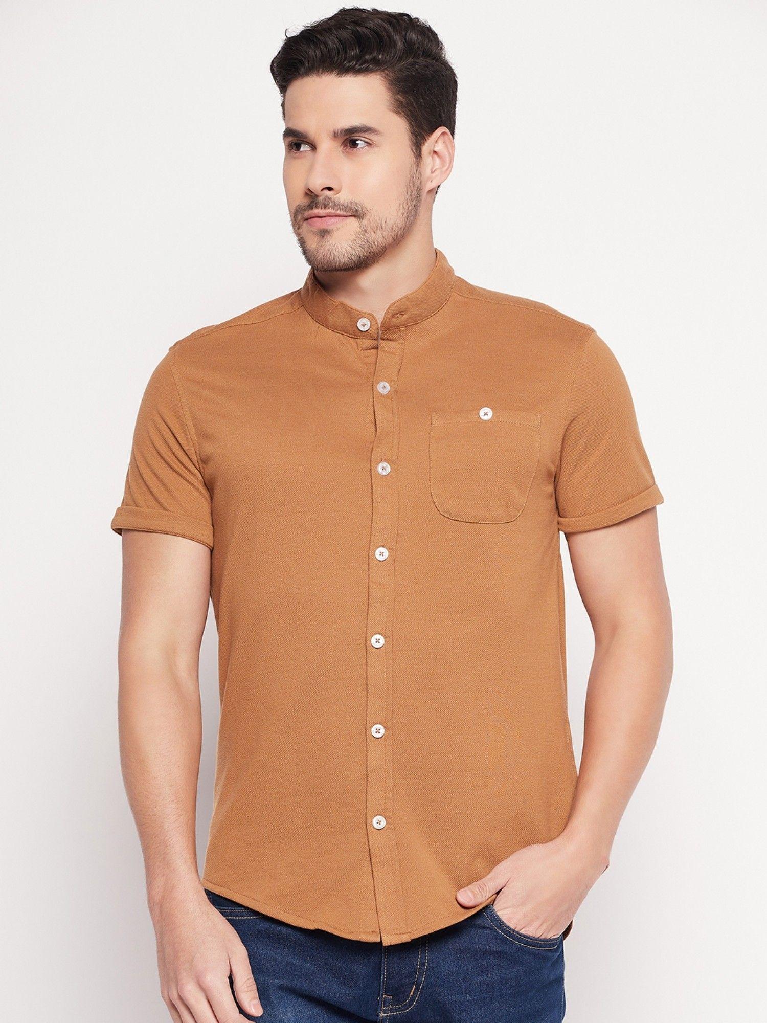 men brown solid mandarin neck shirt
