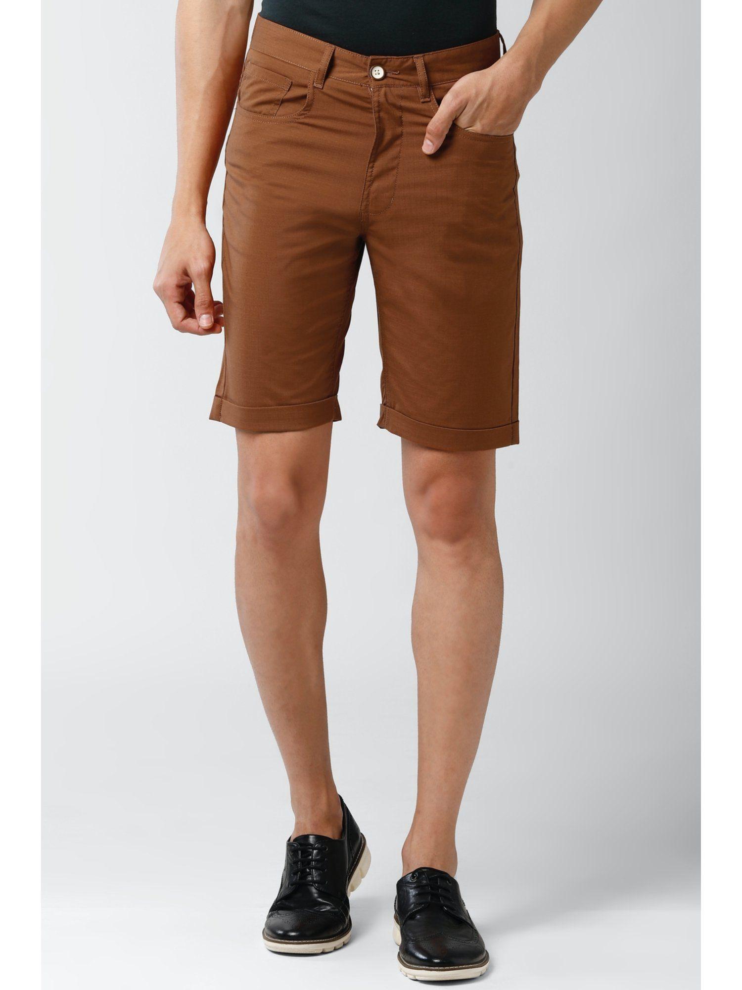 men brown solid regular fit casual shorts