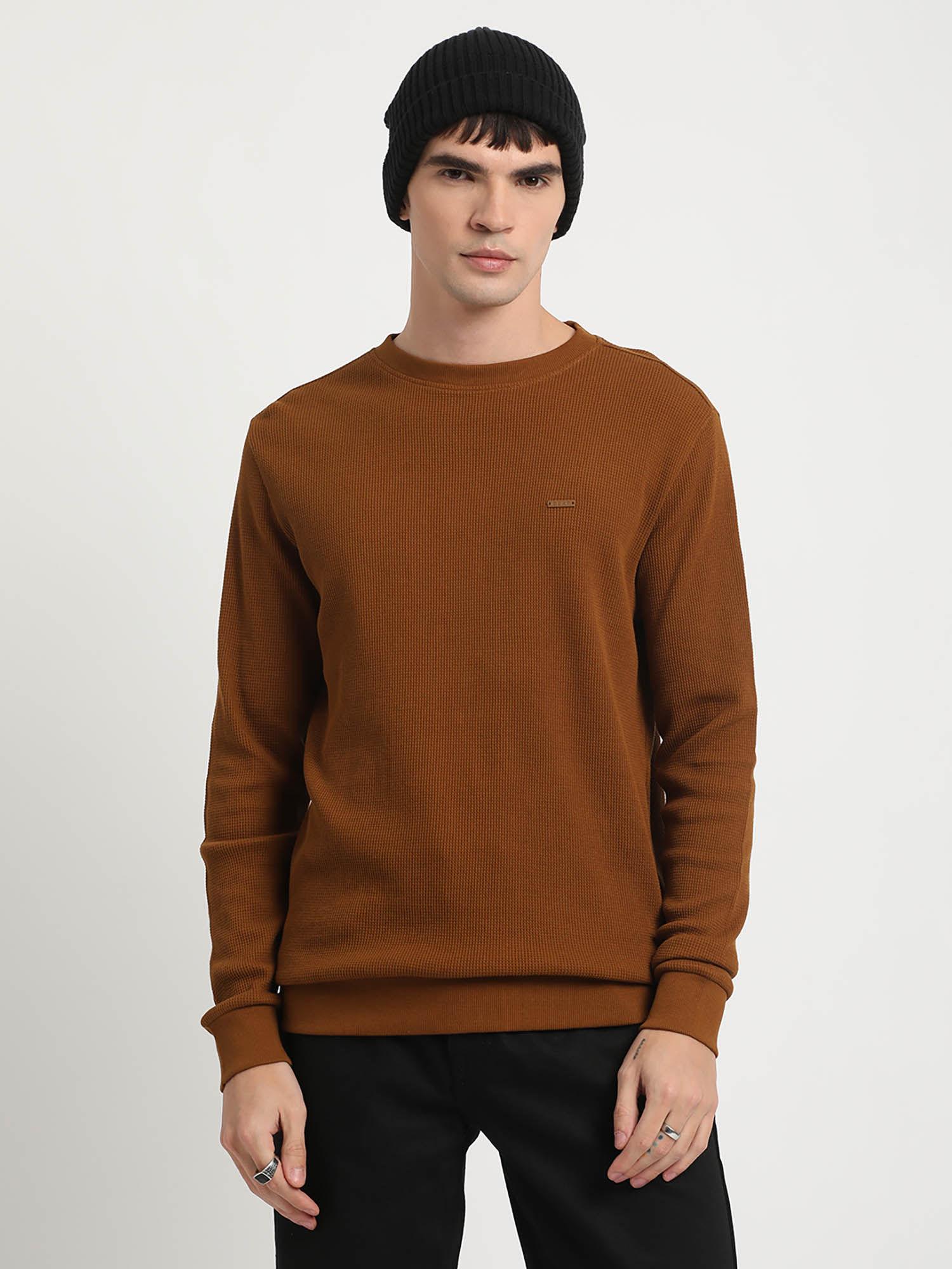 men brown solid regular fit sweatshirt