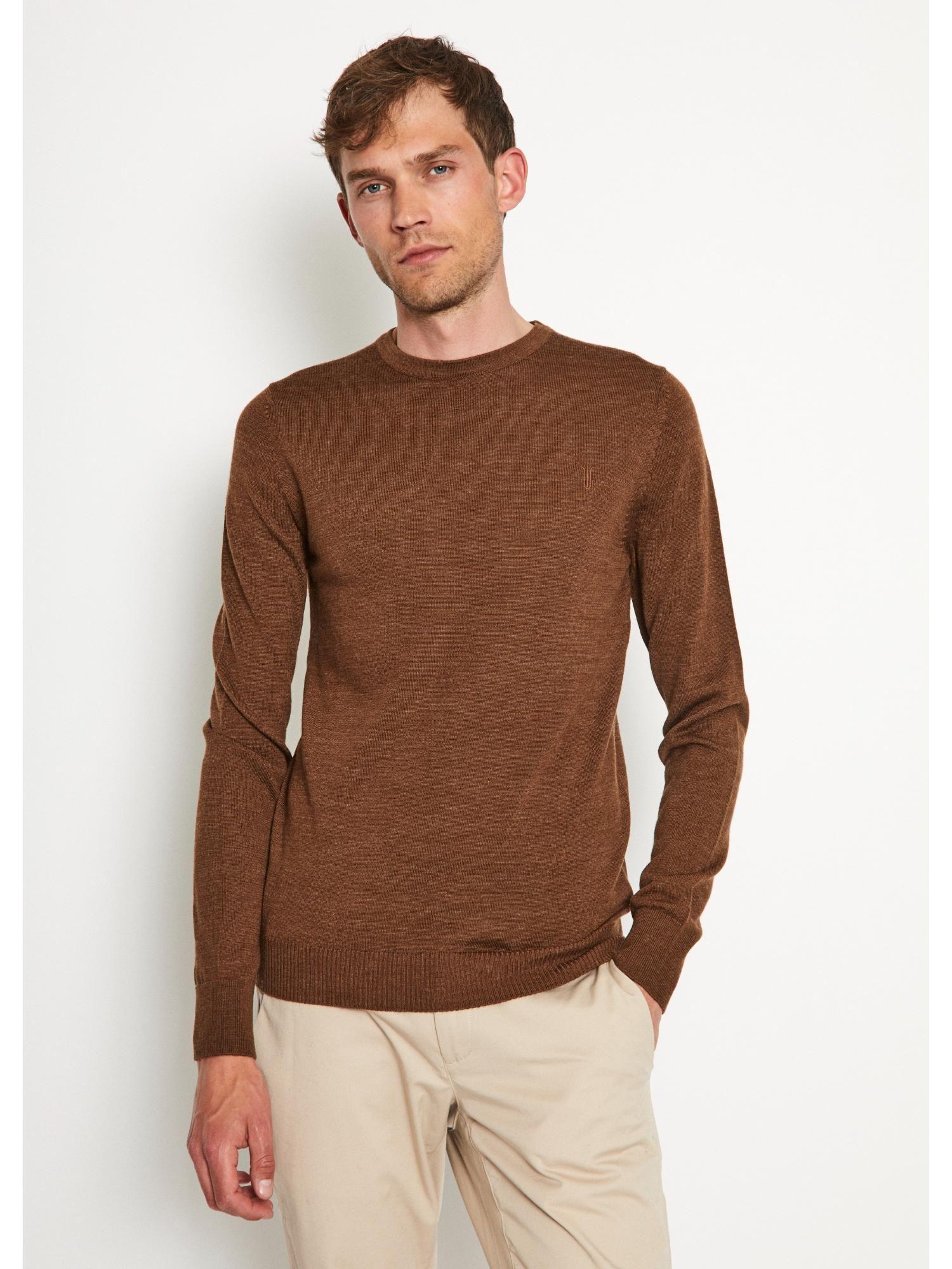 men brown solid round neck sweater