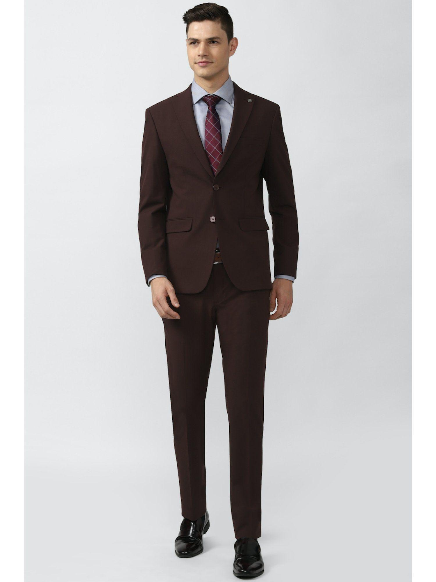 men brown solid slim fit formal two piece suit (set of 2)