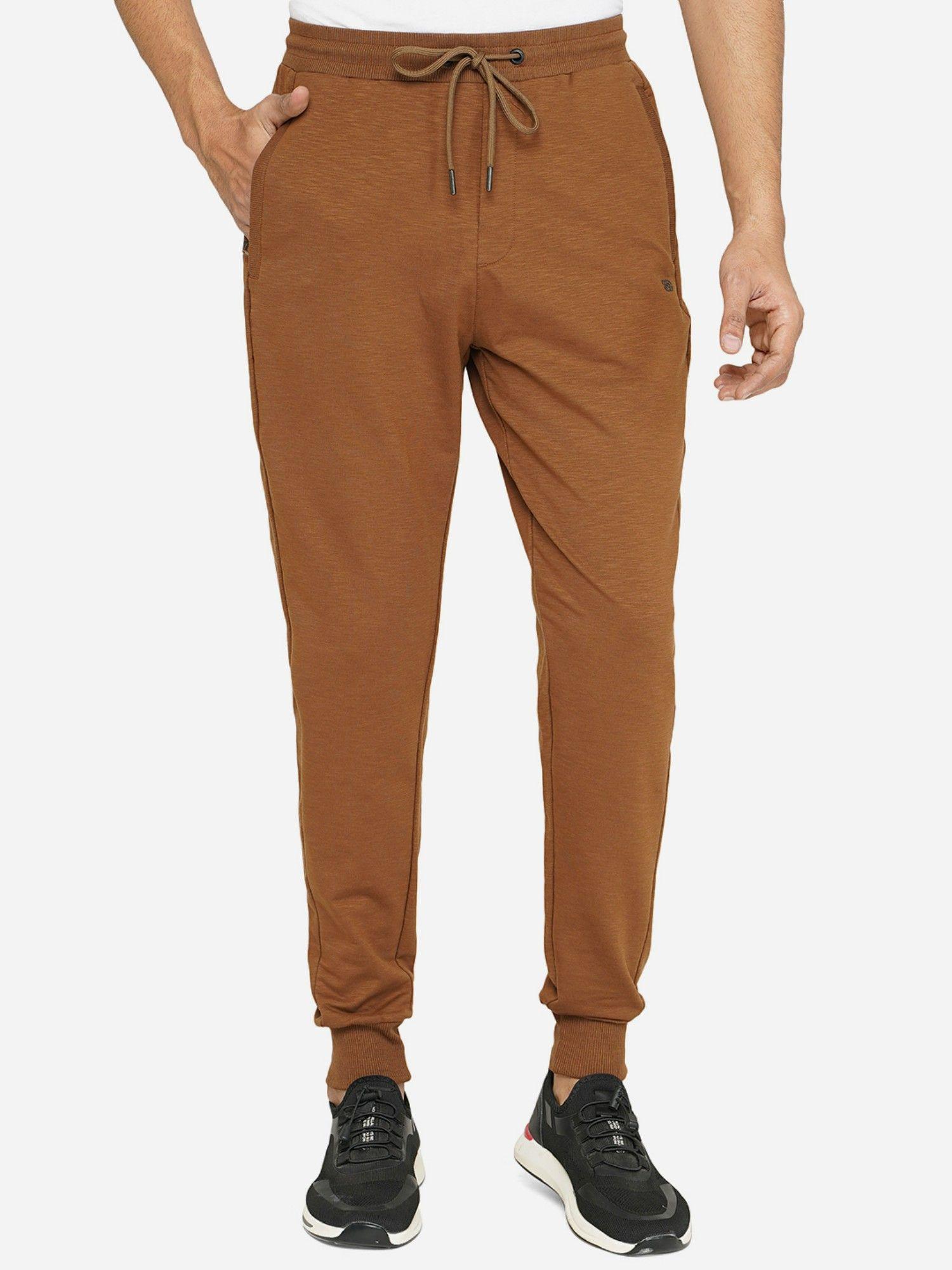 men brown solid slim fit track pant