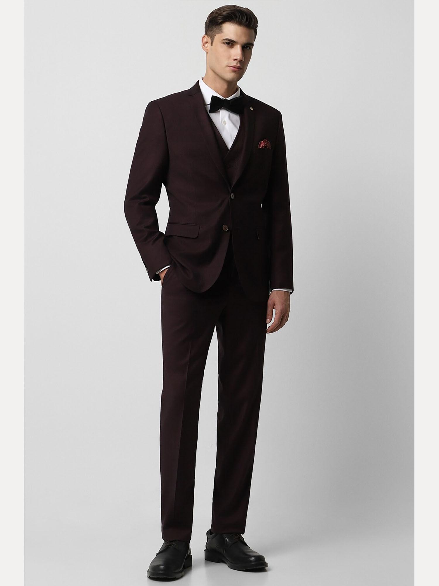 men brown solid slim fit wedding suit (set of 3)