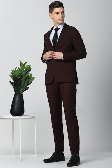 men brown solid slim fit wedding two piece suit