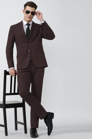 men brown solid slim fit wedding two piece suit