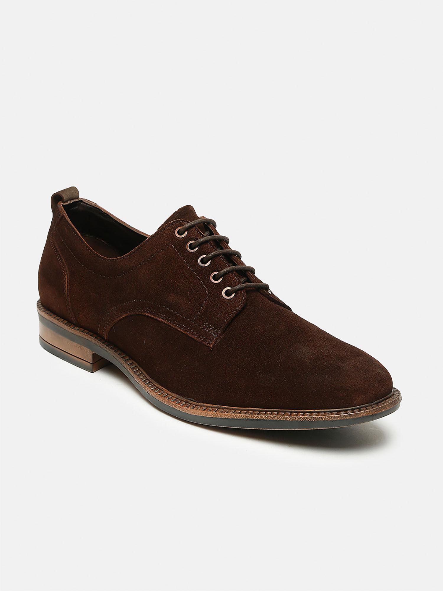 men brown solid suede lace up shoes