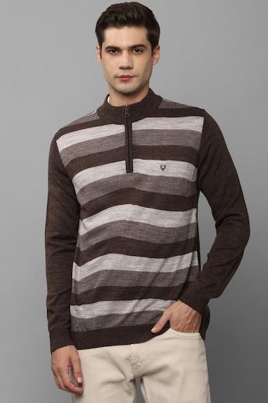 men brown stripe crew neck full sleeves sweater