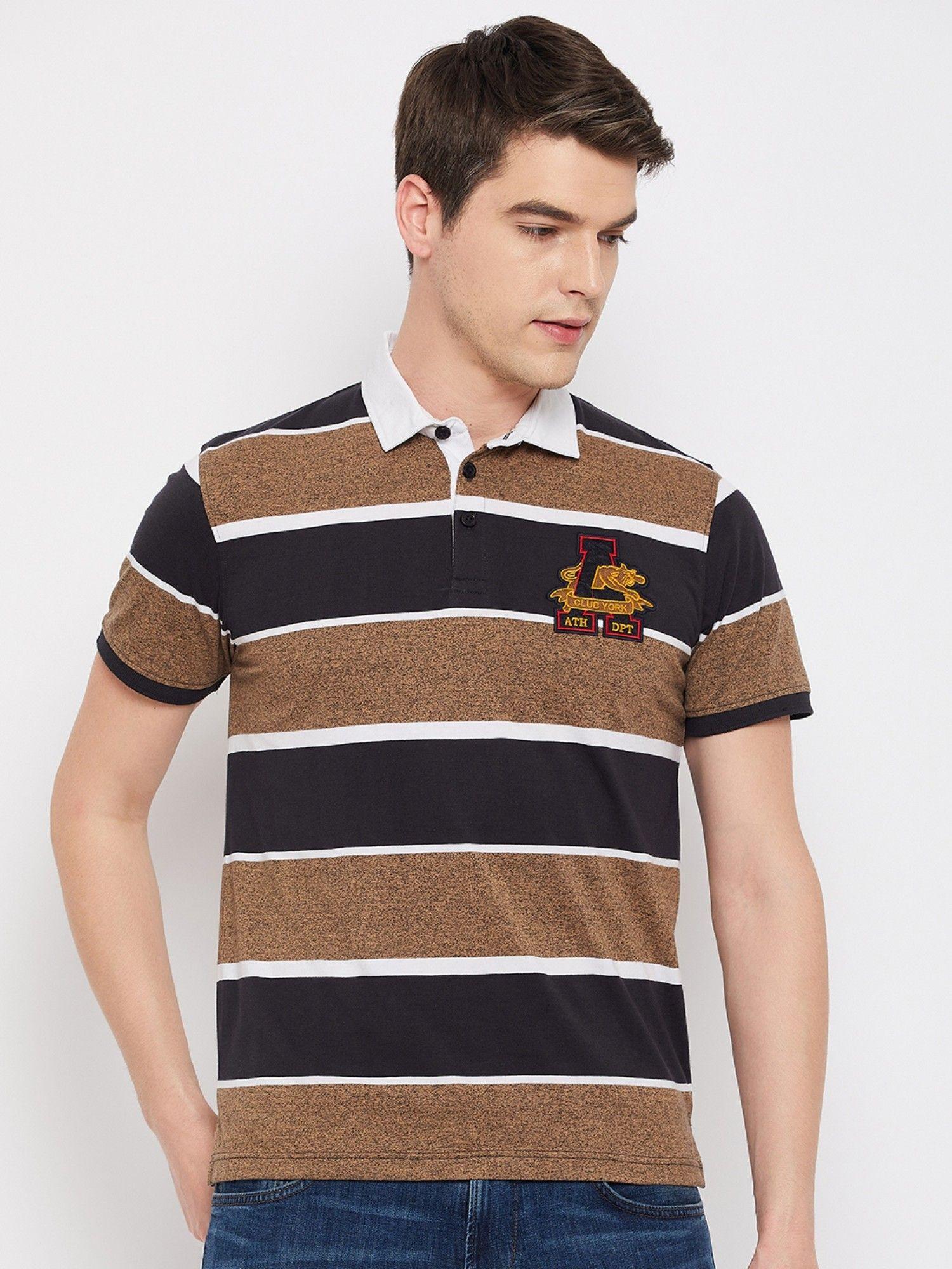 men brown striper polo collar t-shirt