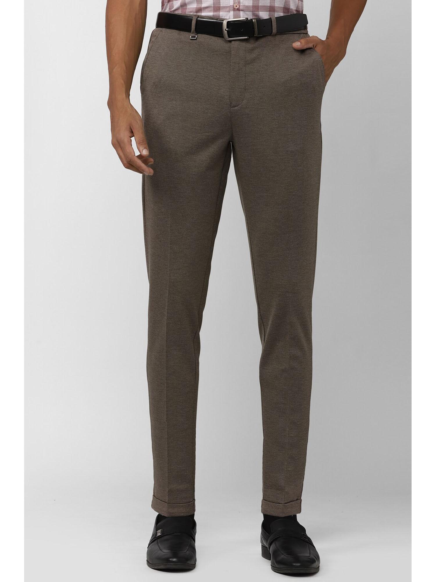 men brown textured carrot fit trousers