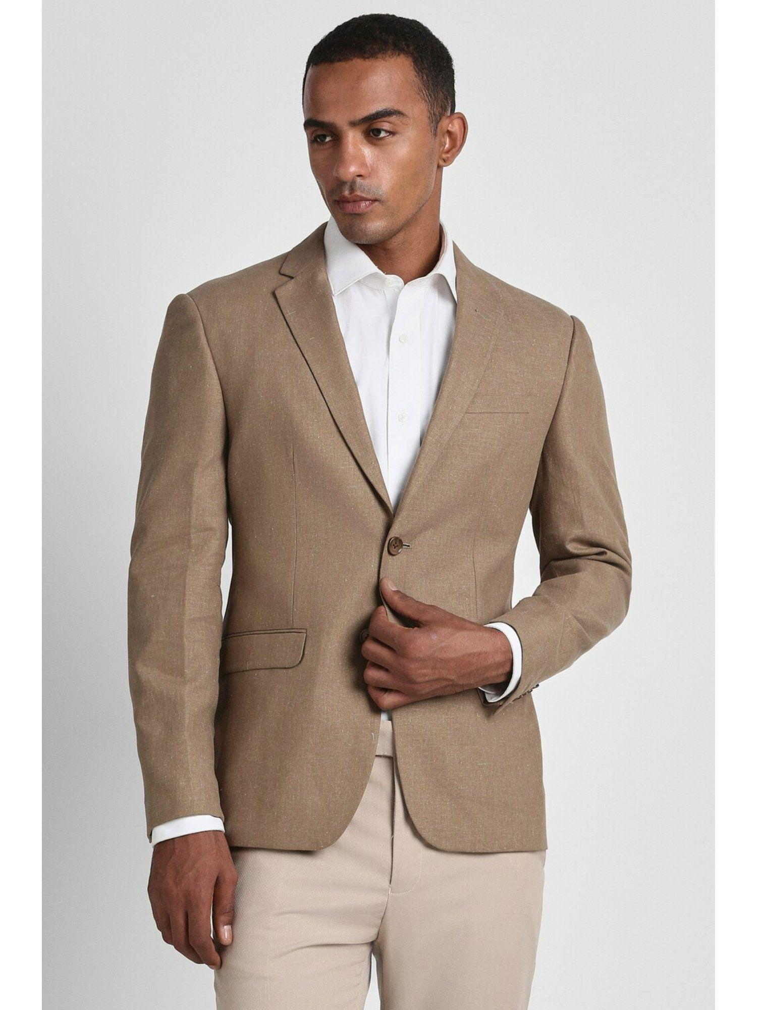 men brown textured slim fit formal blazer