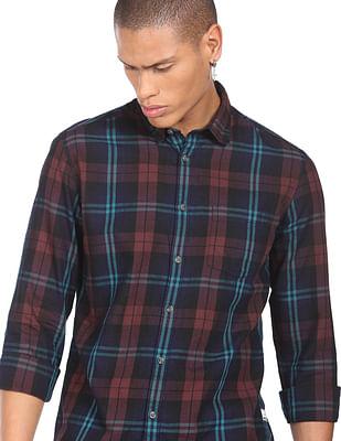 men brown twill tartan check cotton casual shirt