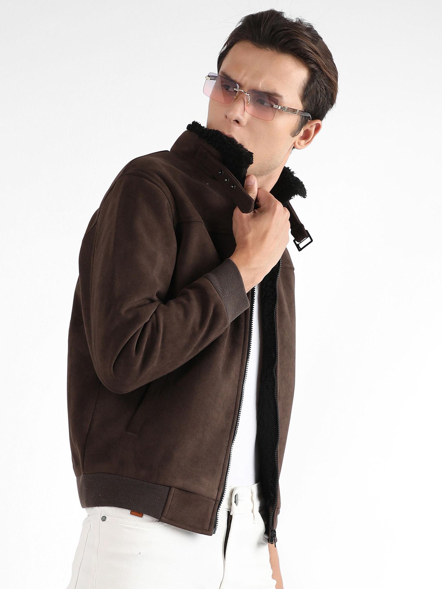 men brown zip-front jacket with fleece detail