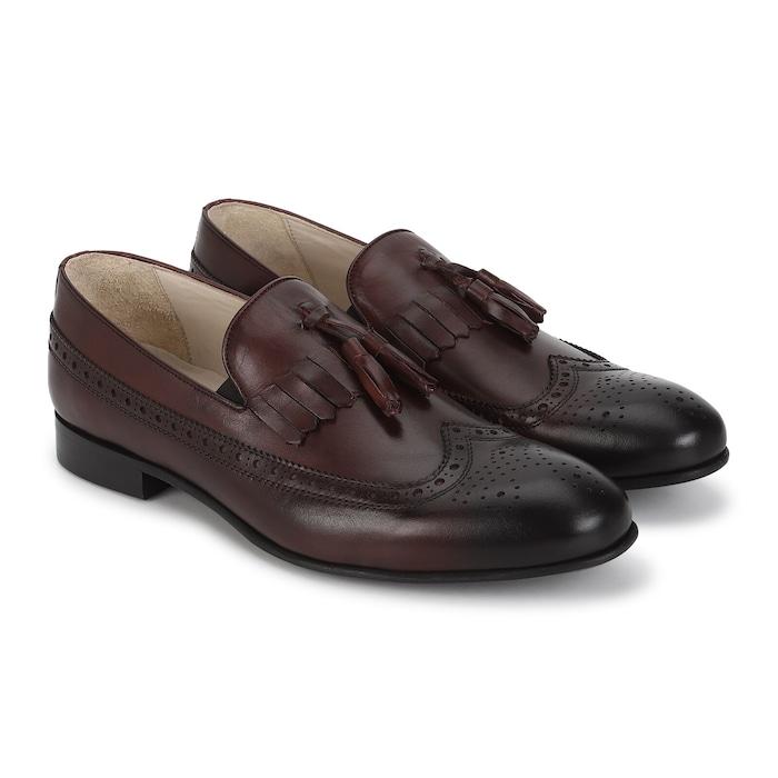 men burgundy brogue fringe & tassels loafers