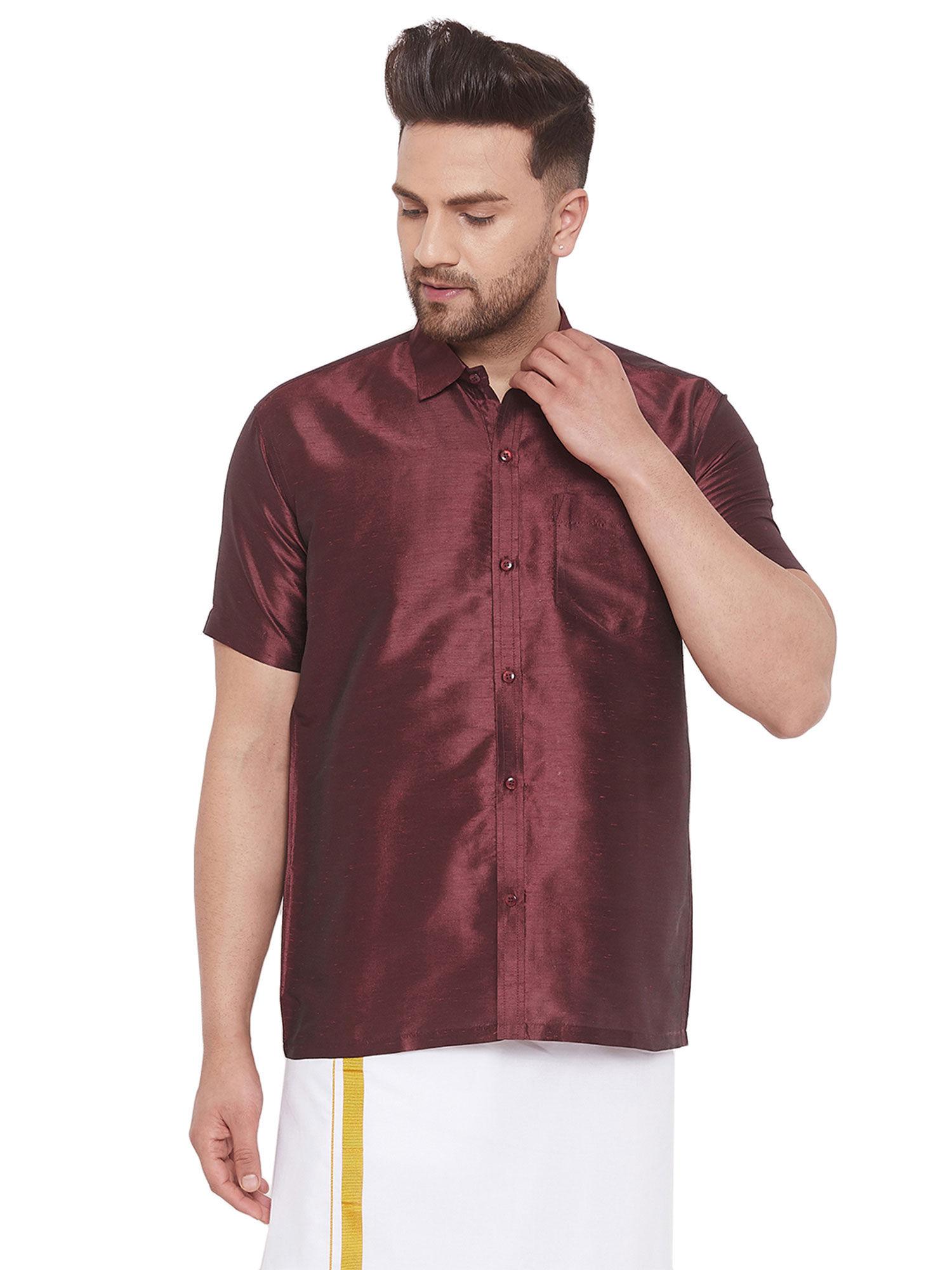 men burgundy cotton silk ethnic shirt
