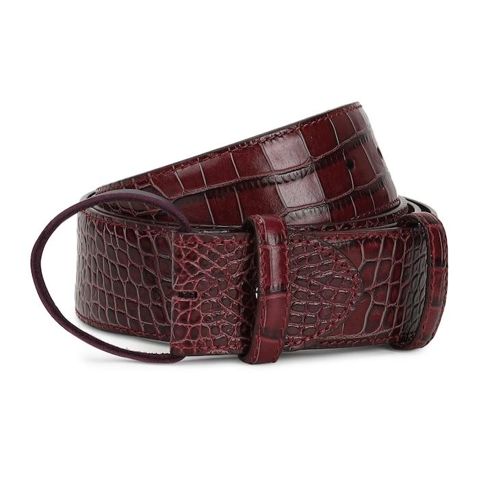 men burgundy croc-skin patterned belt