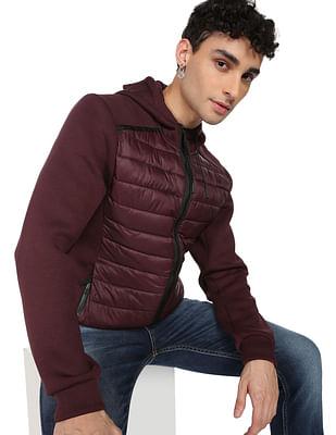 men burgundy drawstring hood solid puffer jacket