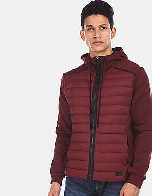 men burgundy drawstring hood solid quilted jacket