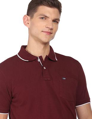 men burgundy tipped collar pique cotton polo shirt