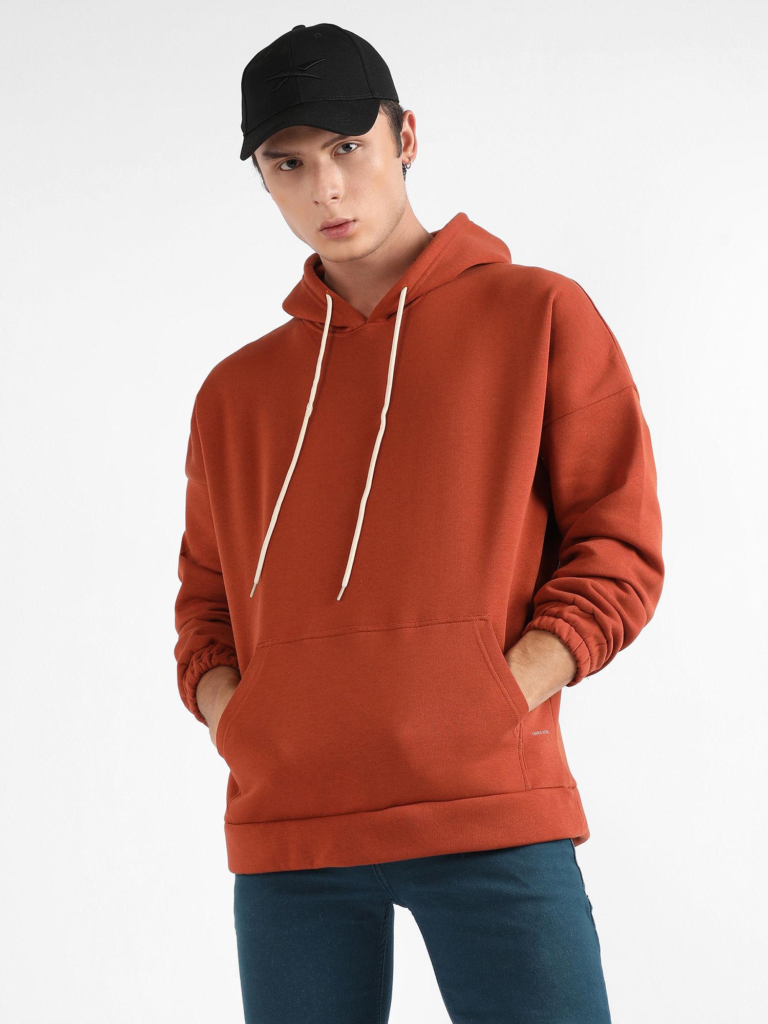 men burnt orange oversized pullover sweatshirt with kangaroo pocket