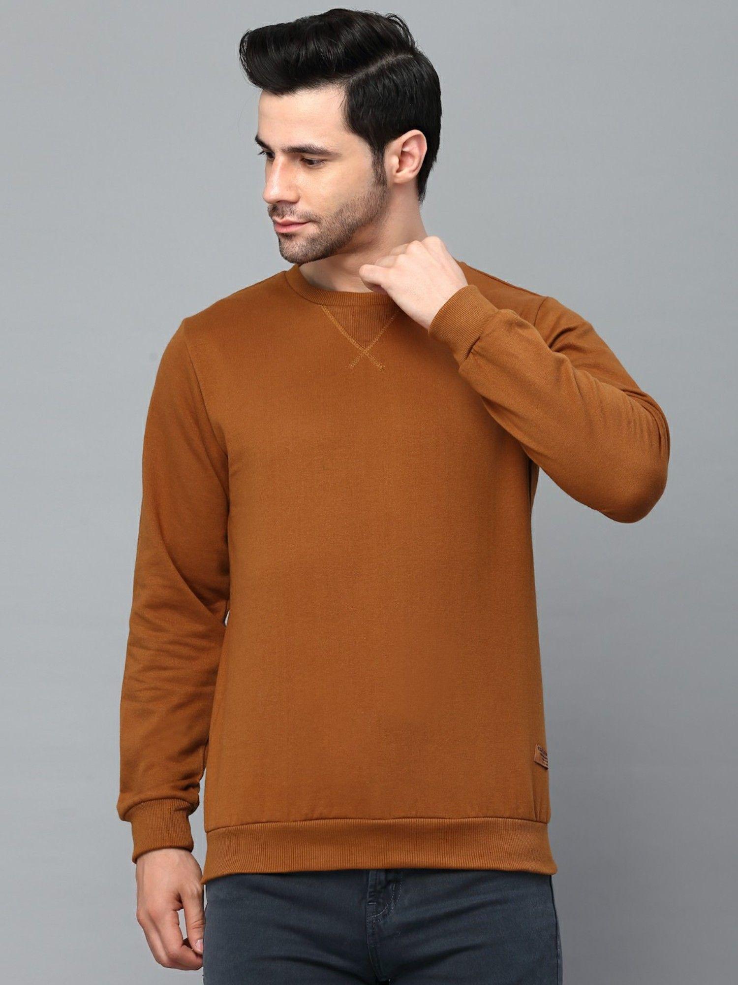 men camel brown neck stitch detail basic fleece sweatshirt