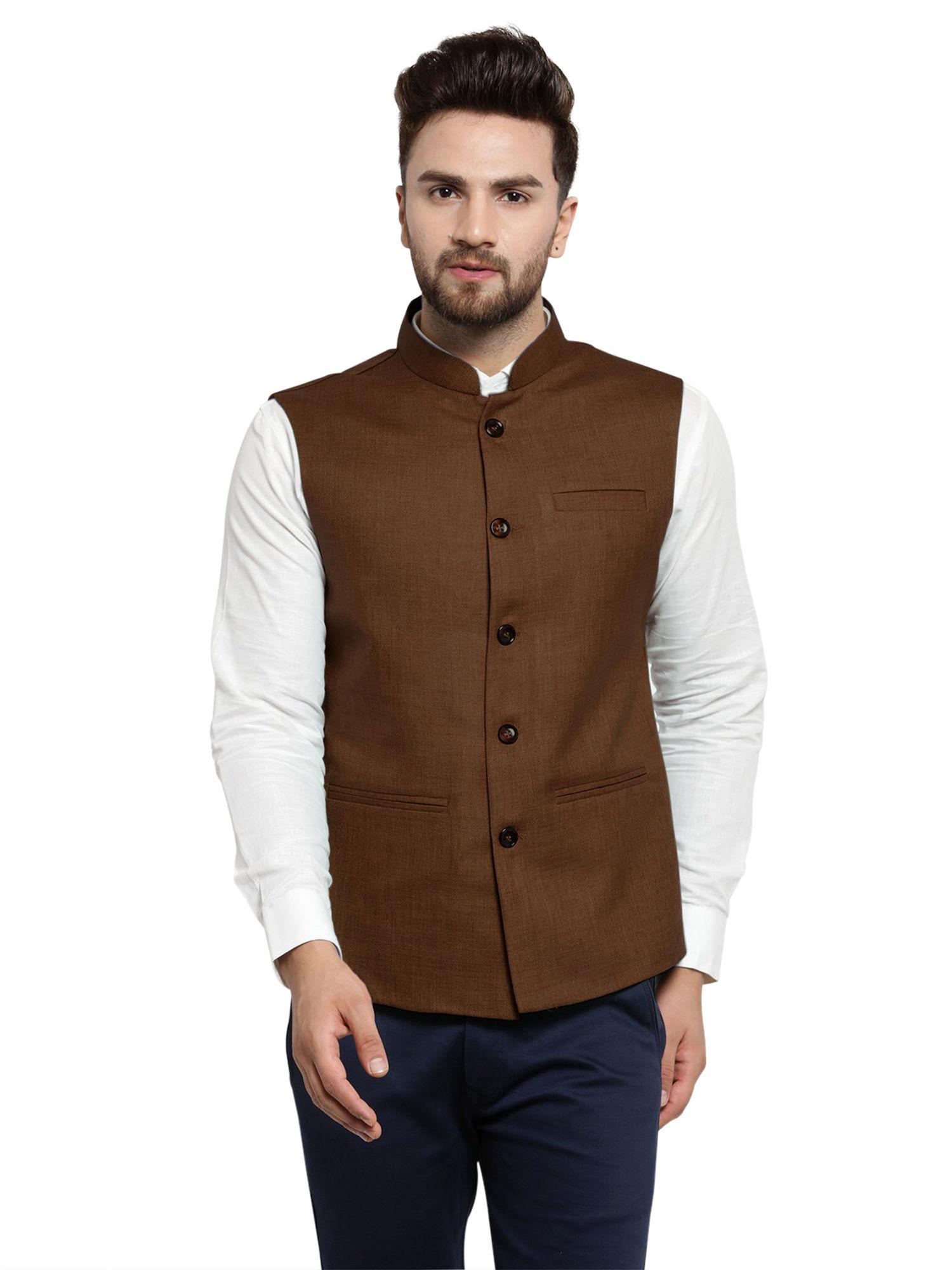 men caramel brown solid nehru jacket