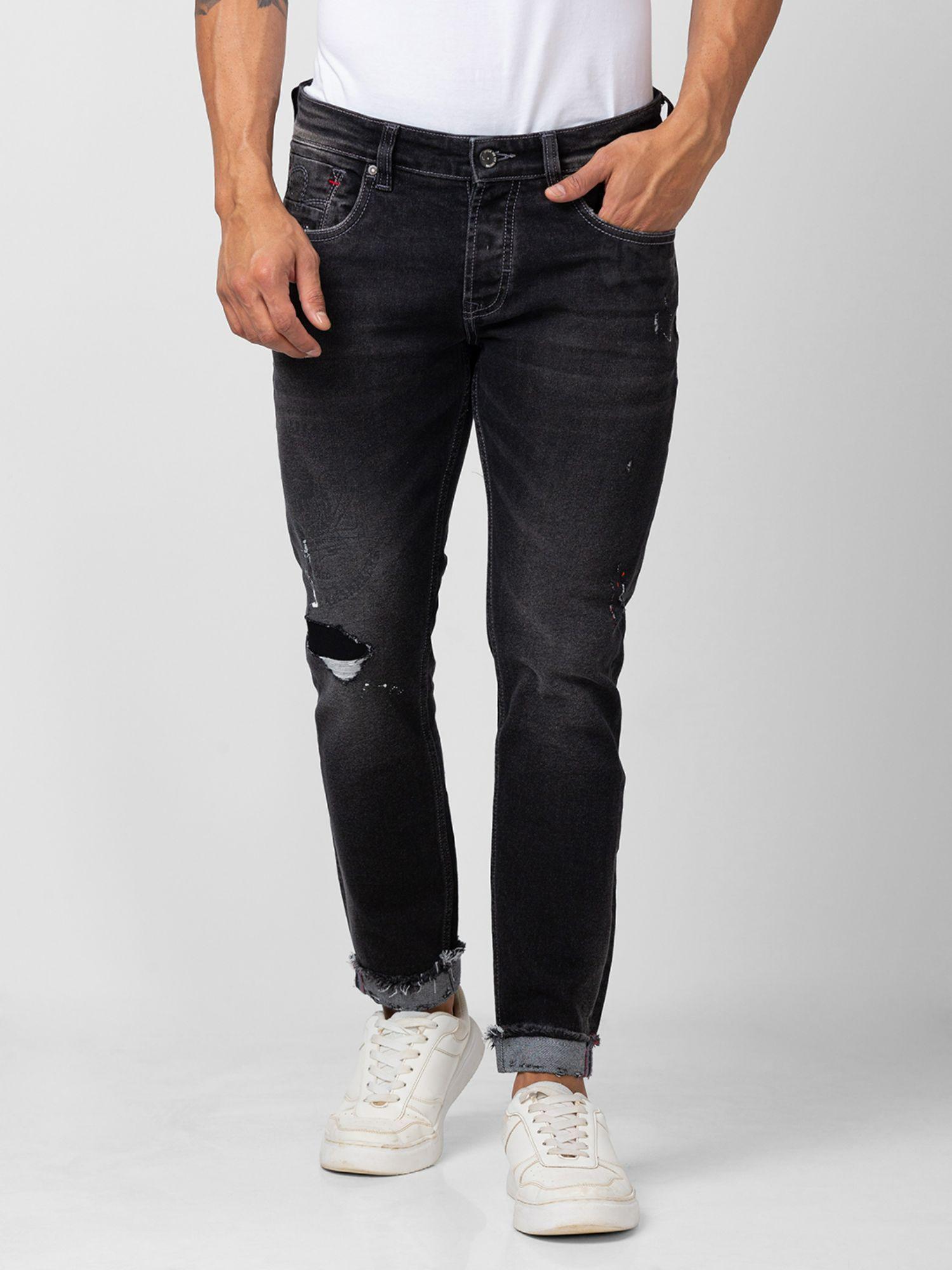 men carbon black cotton slim fit tapered length jeans (kano)