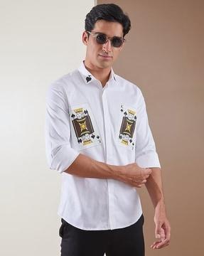 men card print cotton shirt with spread collar