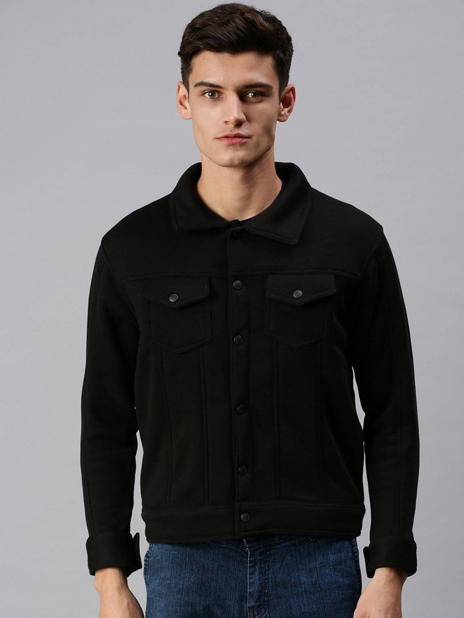 men casual cotton front open black jacket