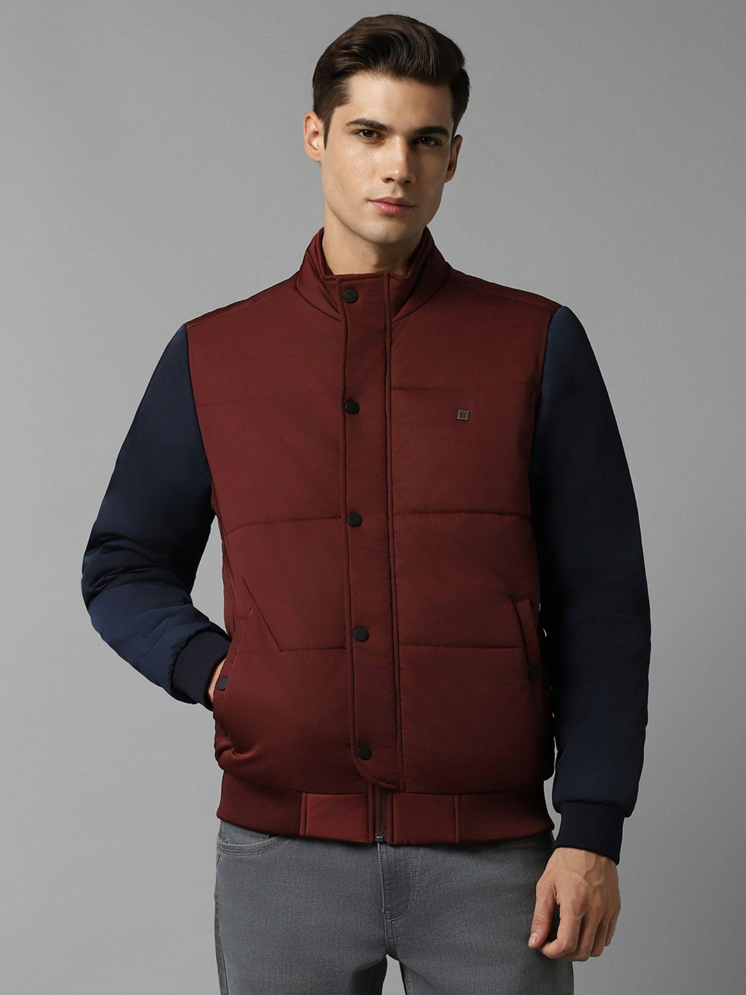 men casual maroon colorblock jacket